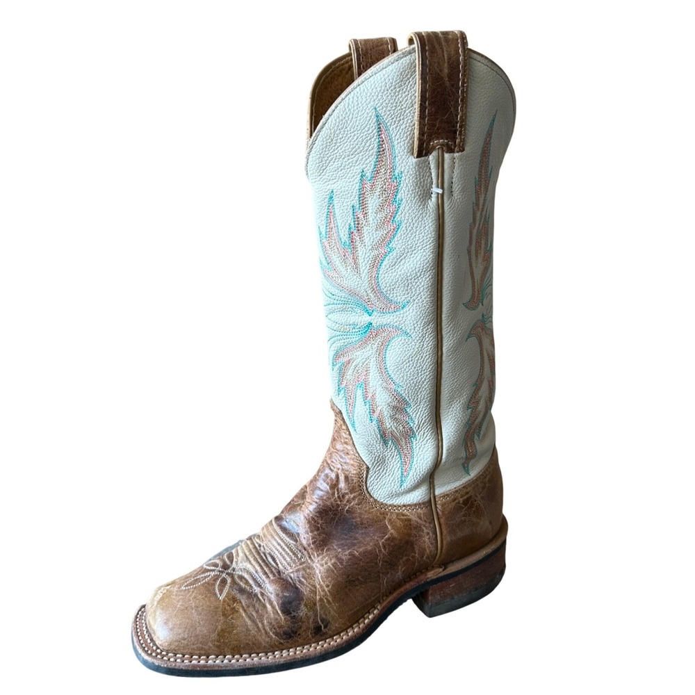 Justin BRL335 Womens 6 B Brown White Leather Embroidered Western Cowboy Boots